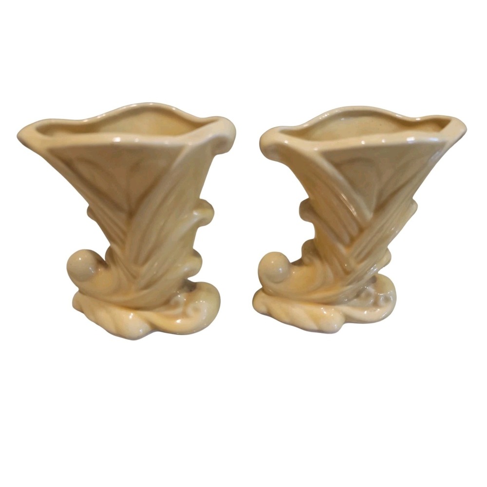 Vtg 50's Pair (2) Shawnee Pottery 5" Cornucopia Bud Vases (#835)-Yellow-USA Made